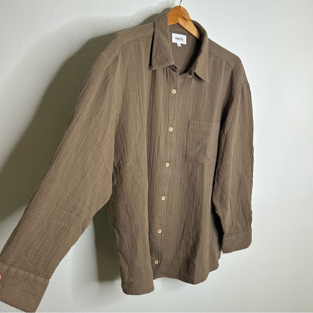 NWOT MATE The Label 100% Organic Cotton Gauze Button Down Shirt Brown Tan XL - Picture 6 of 15
